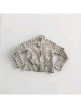 Vtg Gap Zip Cable Knit Wool Sweater Womens M Cream Mockneck Pom Pom Y2K Cottage